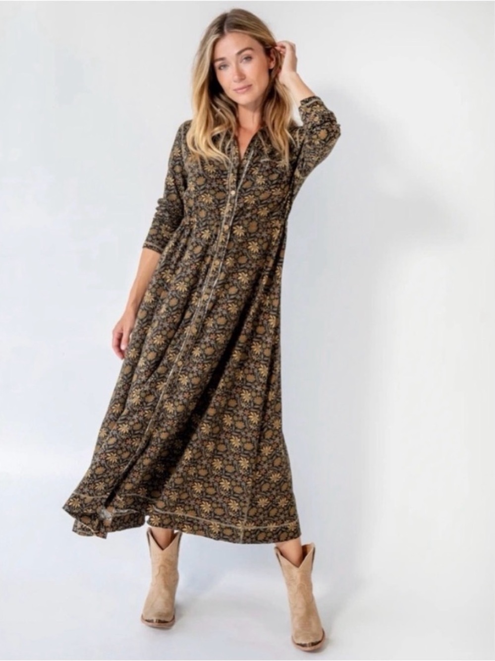 NATURAL LIFE Olive Floral Button-Front Maxi Dress